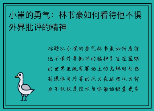 小崔的勇气：林书豪如何看待他不惧外界批评的精神