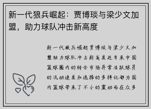 新一代狼兵崛起：贾博琰与梁少文加盟，助力球队冲击新高度
