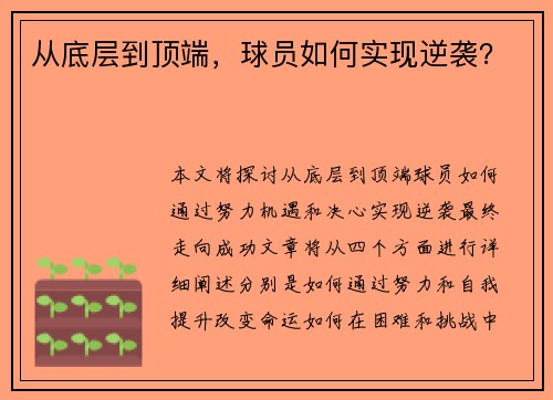 从底层到顶端，球员如何实现逆袭？