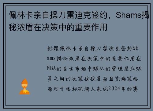 佩林卡亲自操刀雷迪克签约，Shams揭秘浓眉在决策中的重要作用